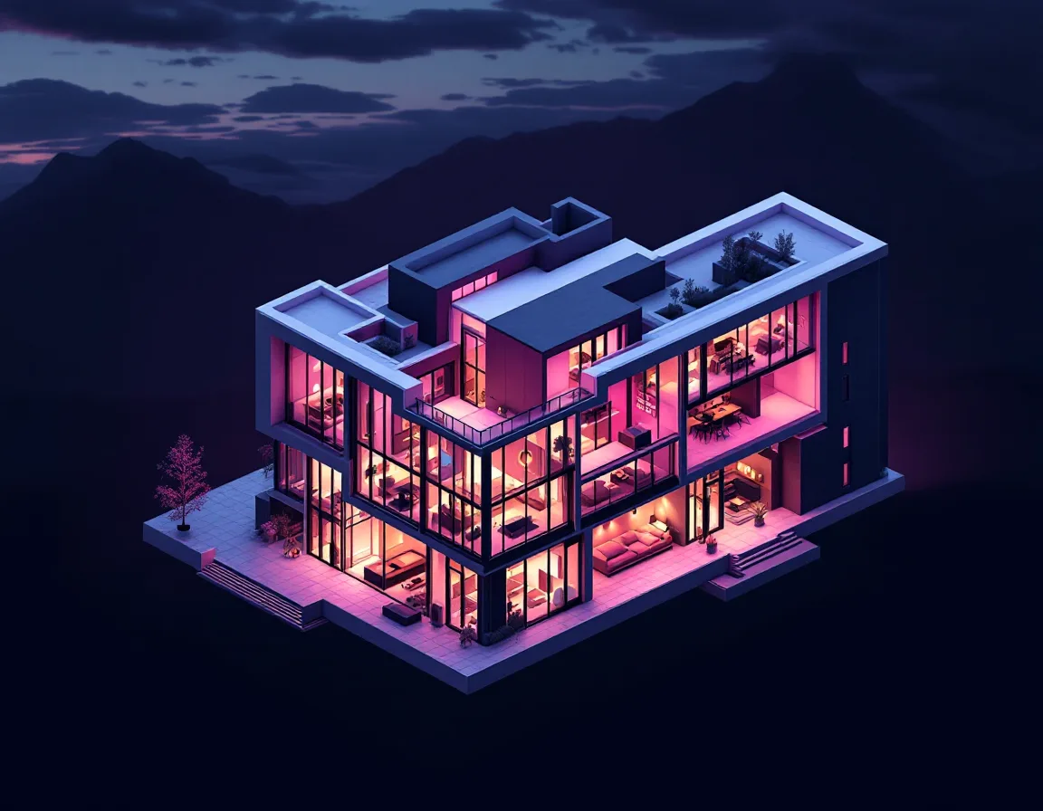 Isometric render of a dusk-lit mixed-use building with warm interiors